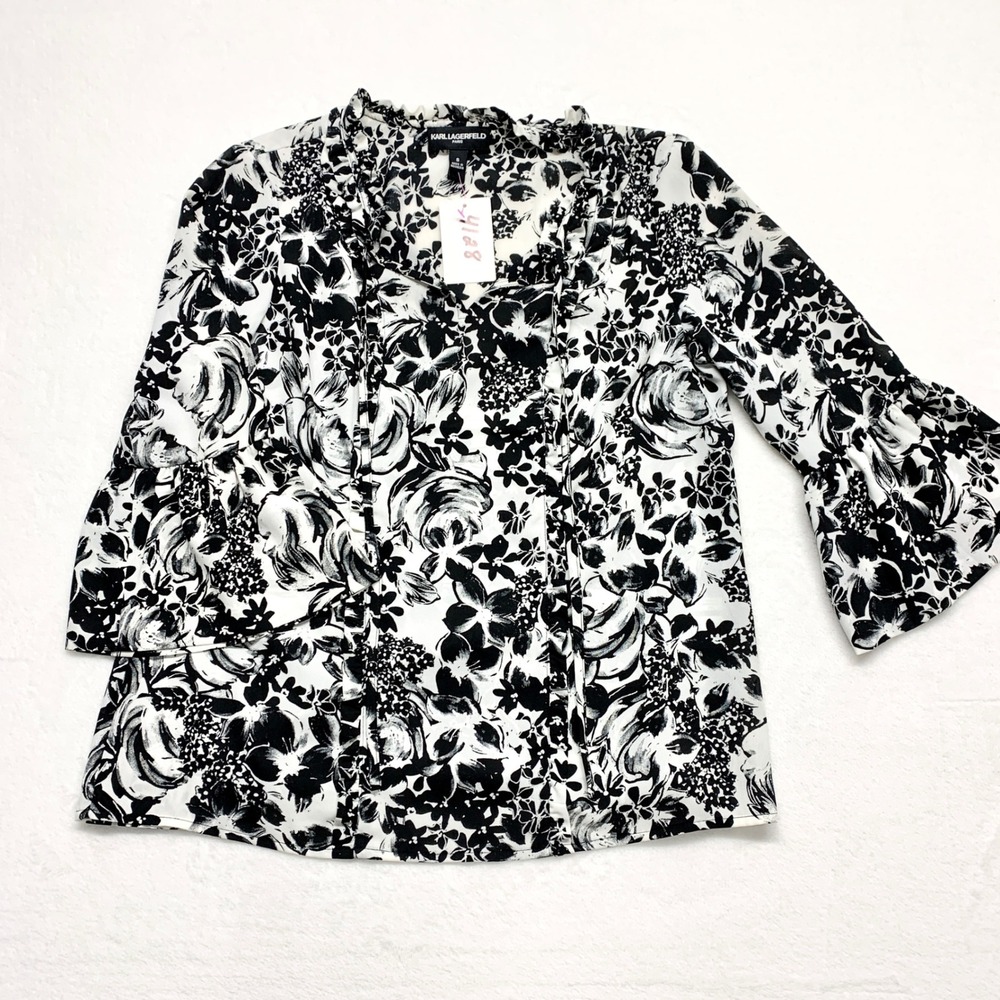 Karl Lagerfeld Paris Floral Bell Sleeve Blouse Womens Size S Black White Ruffle